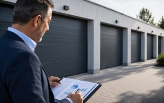 Prüfung von Sachwertanlagen mit Unterlagen und Finanzanalyse vor einer Immobilie