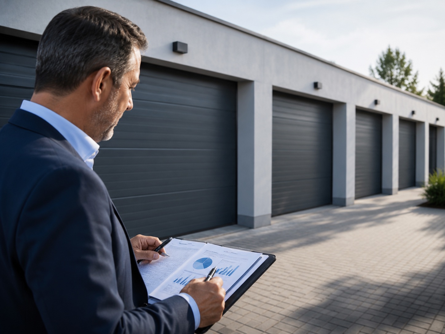 Prüfung von Sachwertanlagen mit Unterlagen und Finanzanalyse vor einer Immobilie